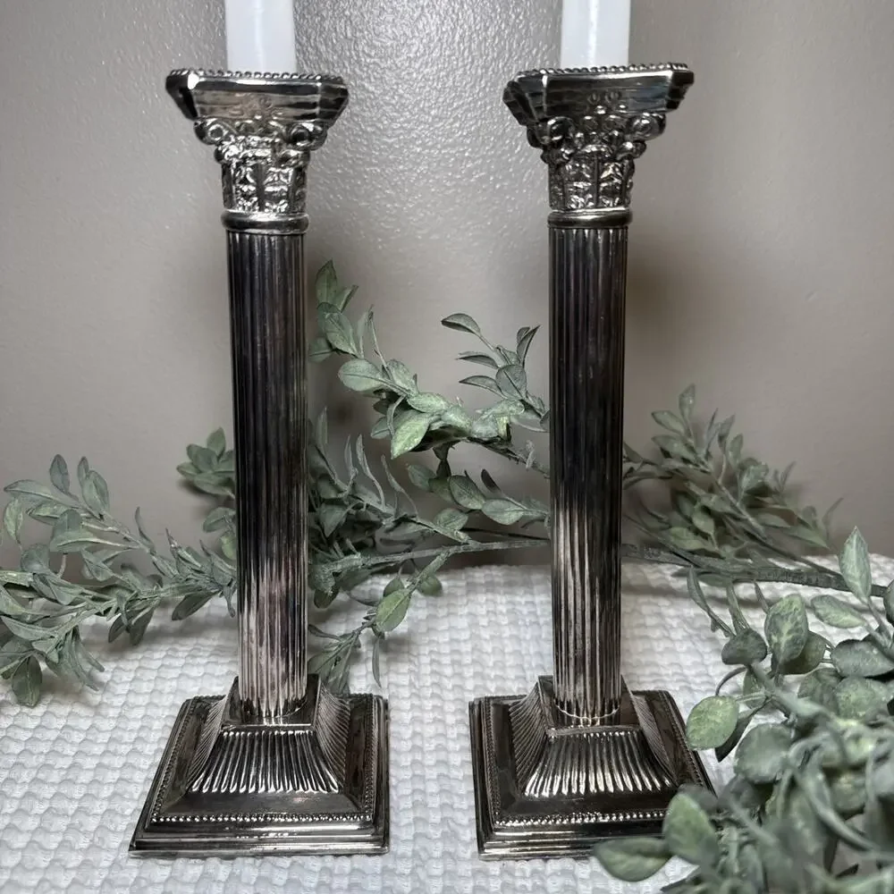 Pair 10” Vintage E.B. Rogers Silverplate Corinthian Column Candlesticks Heavy